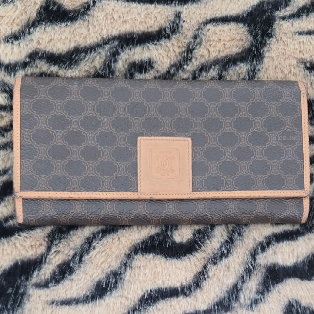Celine Tan and Brown Monogram Wallet Authentic